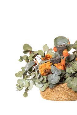 Alegre y otoñal centro de flores secas y preservadas en tonos naranja