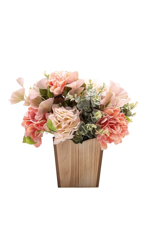 Armonioso centro floral artificial con hortensias