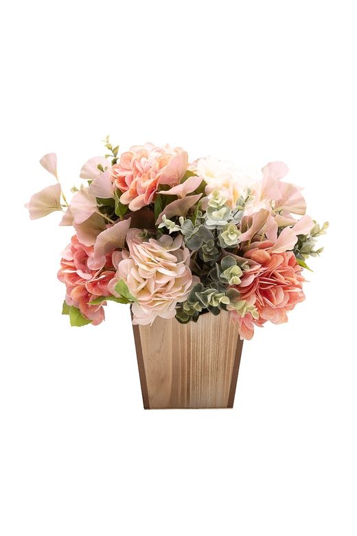 Armonioso centro floral artificial con hortensias