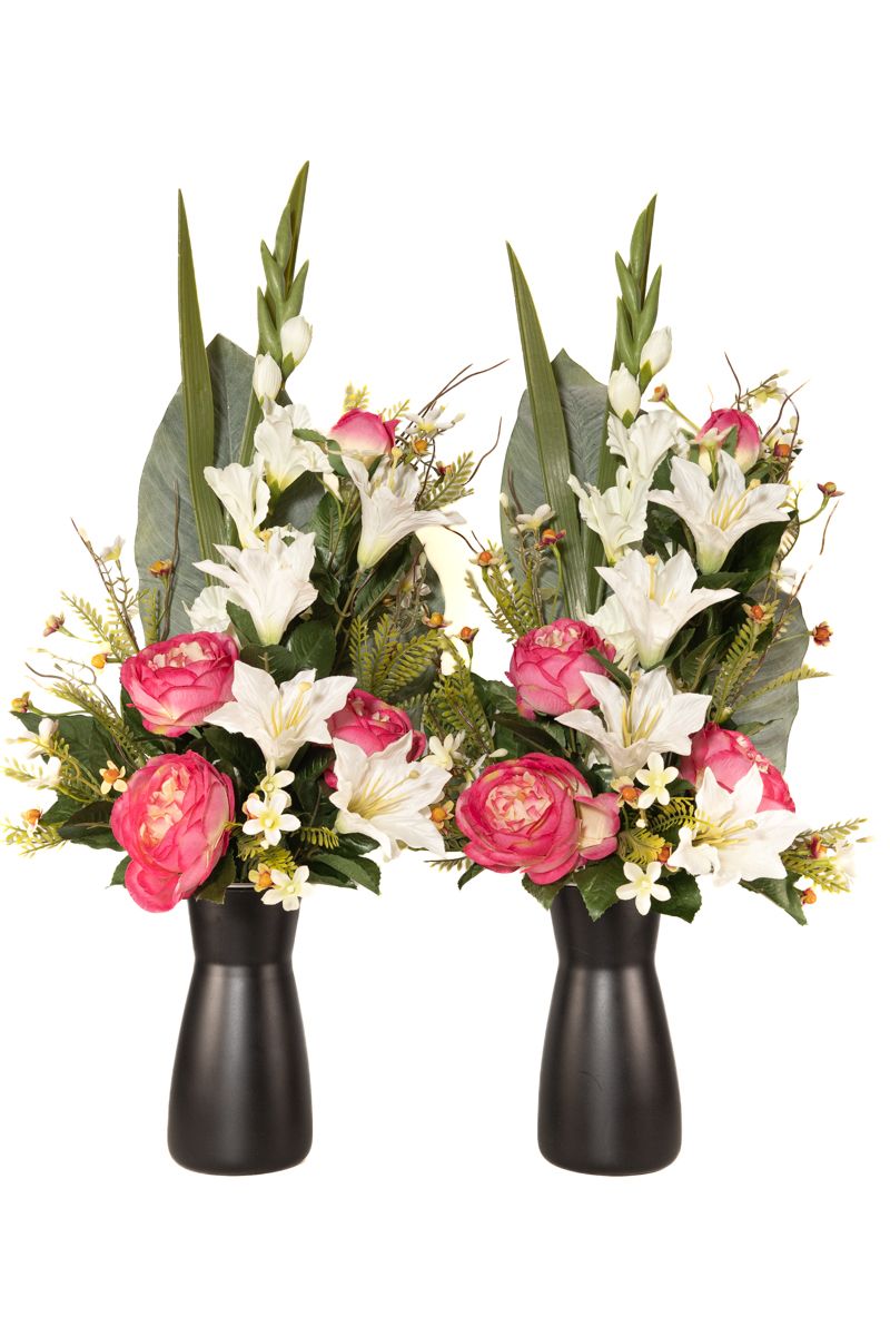 Arreglo de flores artificiales para cementerio con flores de peonias artificiales en color cereza Lateral derecho