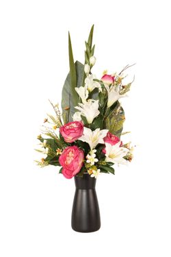 Arreglo de flores artificiales para cementerio con flores de peonias artificiales en color cereza