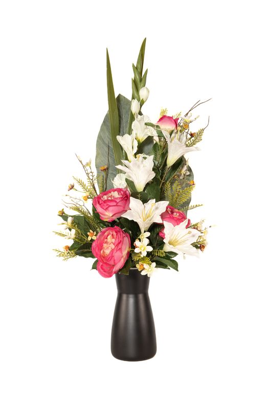 Arreglo de flores artificiales para cementerio con flores de peonias artificiales en color cereza