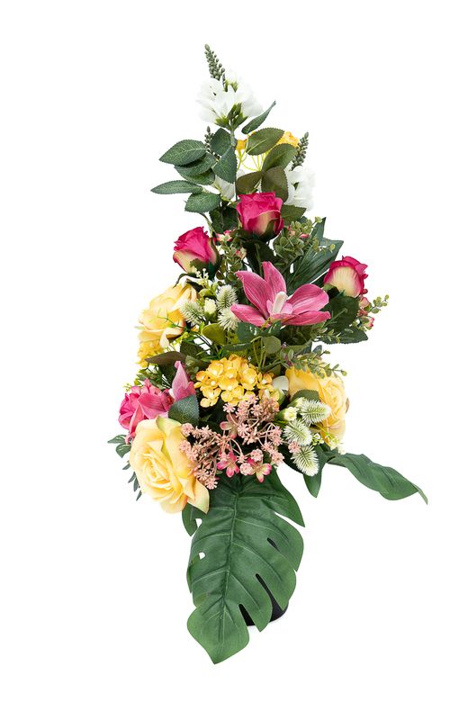 Audaz ramo floral de cementerio en amarillos y fucsias
