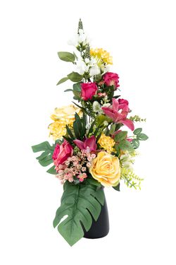 Audaz ramo floral de cementerio en amarillos y fucsias