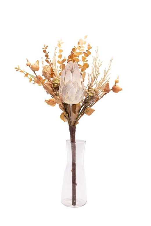 Bouquet artificial con Protea en tonos otoñales