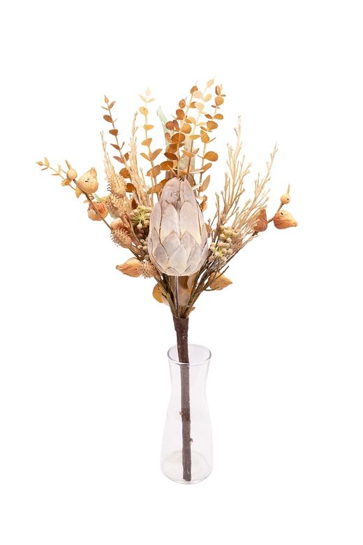 Bouquet artificial con Protea en tonos otoñales