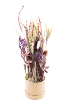 Caja redonda de cartón tipo sombrerera con flores secas y preservada en altura