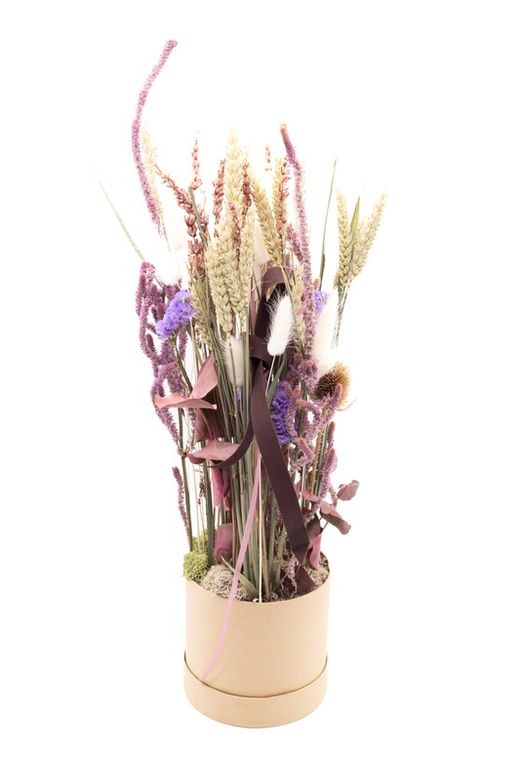 Caja redonda de cartón tipo sombrerera con flores secas y preservada en altura