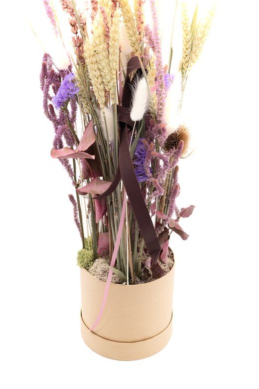 Caja redonda de cartón tipo sombrerera con flores secas y preservada en altura