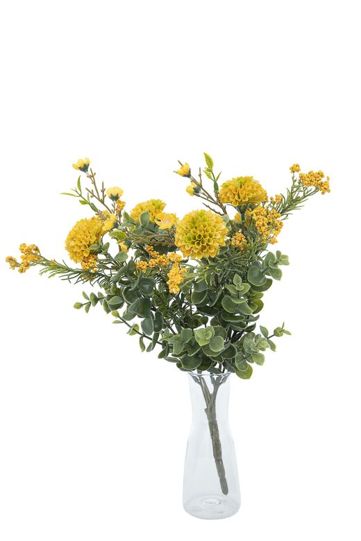 Cálido ramillete silvestre artificial de flores amarillas y eucalipto