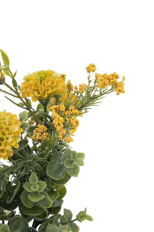 Cálido ramillete silvestre artificial de flores amarillas y eucalipto