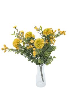Cálido ramillete silvestre artificial de flores amarillas y eucalipto