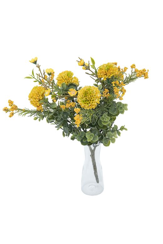 Cálido ramillete silvestre artificial de flores amarillas y eucalipto