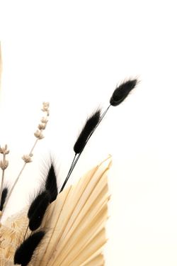 Centro alto de flores preservadas y secas en color negro y blanco.