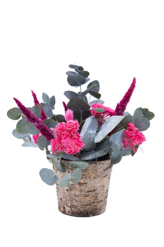 Centro en corteza natural con flores preservadas rosa fucsia