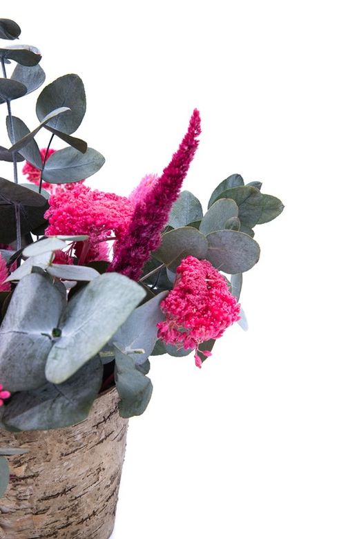 Centro en corteza natural con flores preservadas rosa fucsia