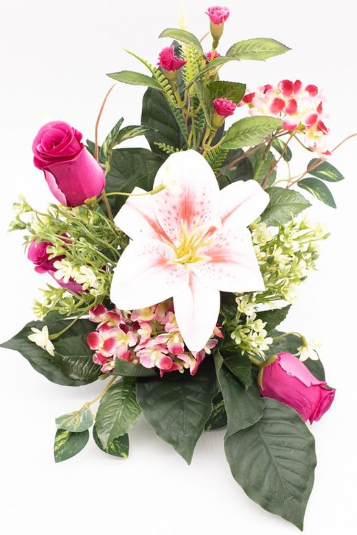 Centro para cementerio de flores artificiales con lirio de color rosa