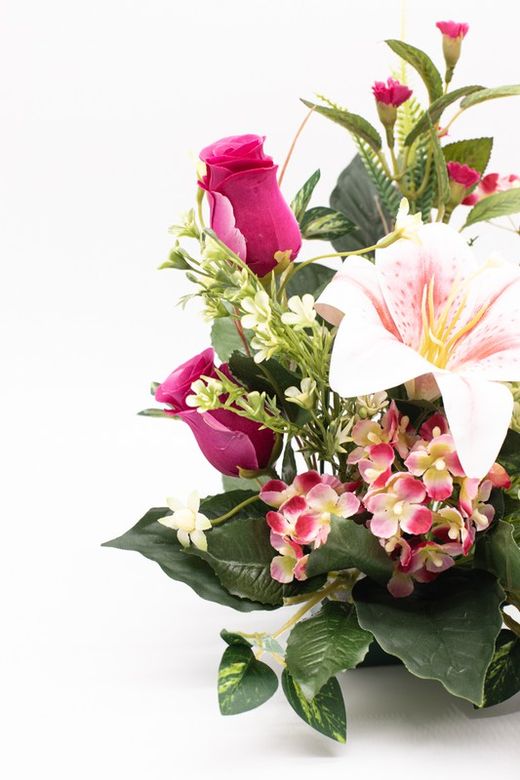 Centro para cementerio de flores artificiales con lirio de color rosa