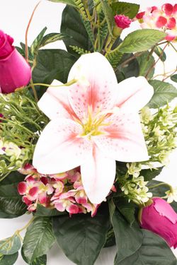 Centro para cementerio de flores artificiales con lirio de color rosa