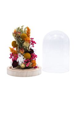 Cúpula de cristal modelo Melysa con flores secas y flores preservadas de colores muy vivos