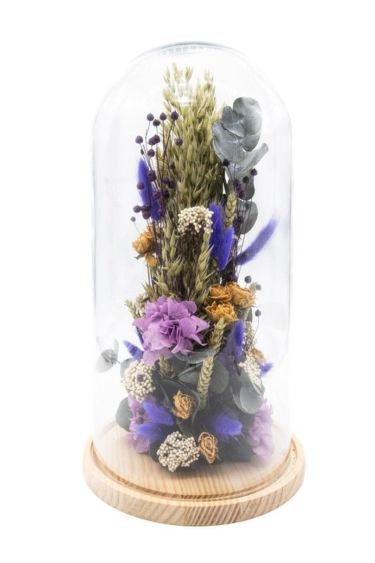 Cúpula de cristal modelo Violeta en color lila y morado como las hortensia preservada
