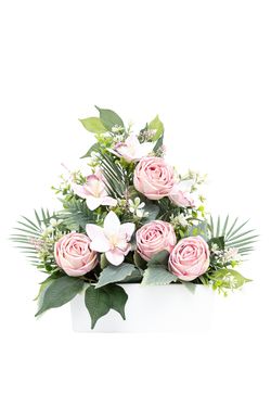 Delicada jardinera para cementerio en tonos rosas