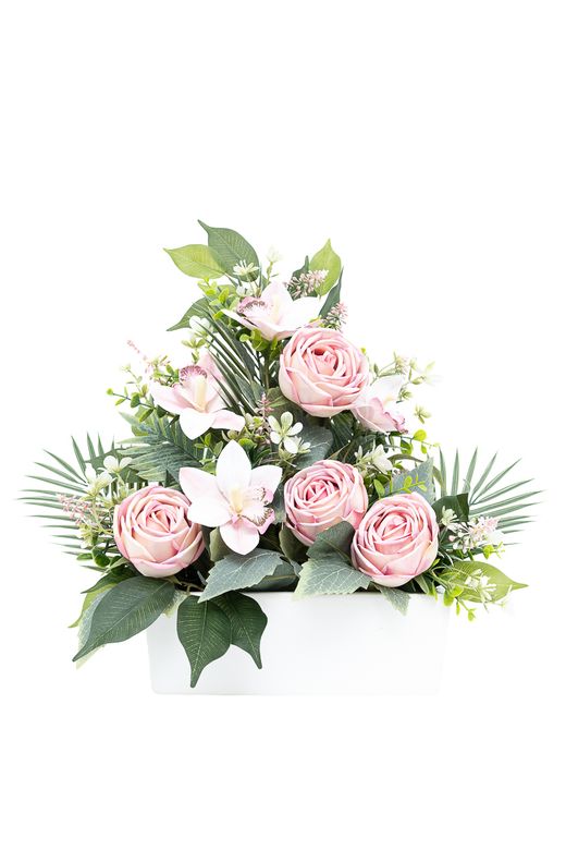 Delicada jardinera para cementerio en tonos rosas
