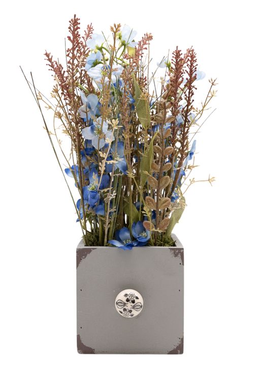 Delicado centro artificial con flores en color azul