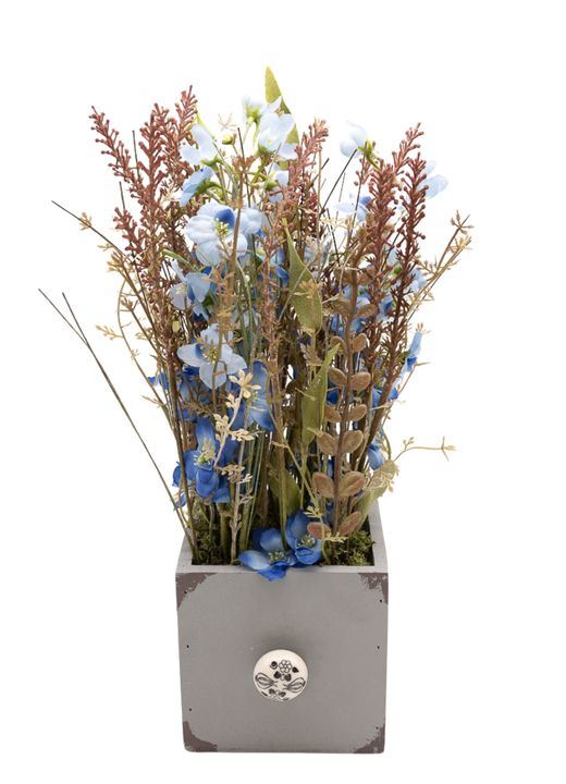 Delicado centro artificial con flores en color azul