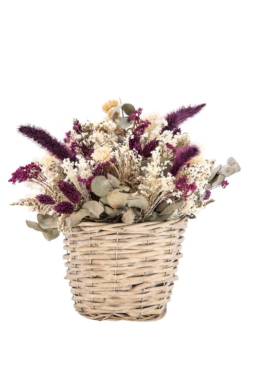 Delicado centro de flores secas en tonos lilas y blancos