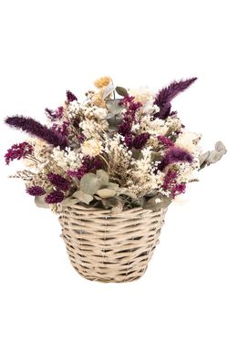 Delicado centro de flores secas en tonos lilas y blancos