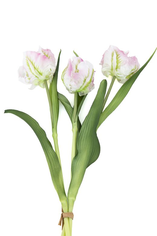 Delicado ramillete de tulipanes artificiales en blanco y rosa