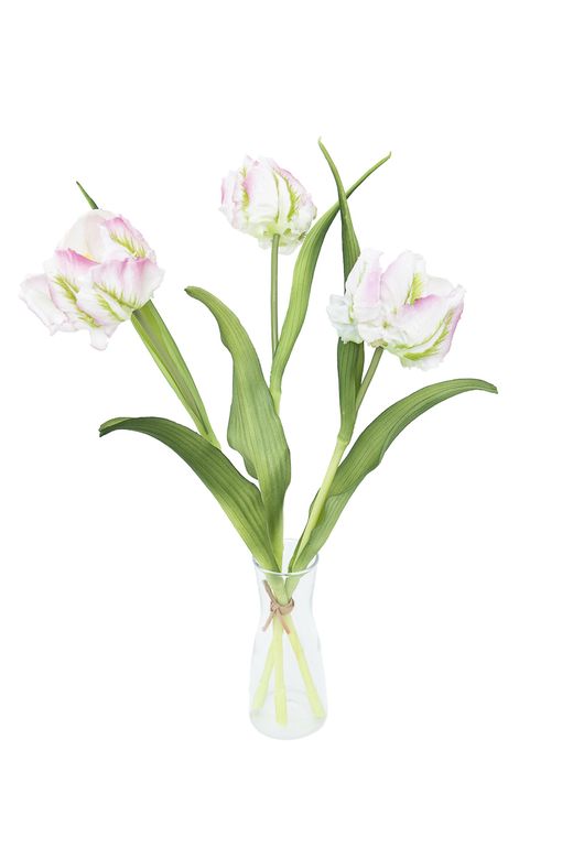 Delicado ramillete de tulipanes artificiales en blanco y rosa