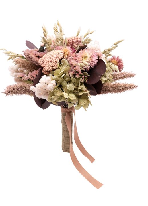 Delicado ramo de novia de flor seca y preservada en tonos rosados