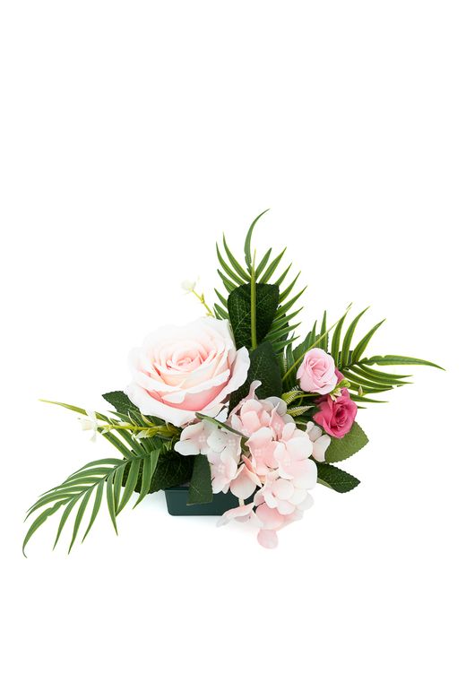 Distinguido y pequeño centro floral de cementerio en rosas y fucsias