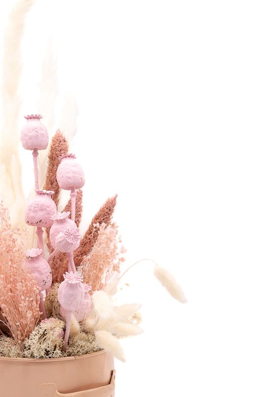 Elegante centro de flores secas y preservadas en tonos rosas