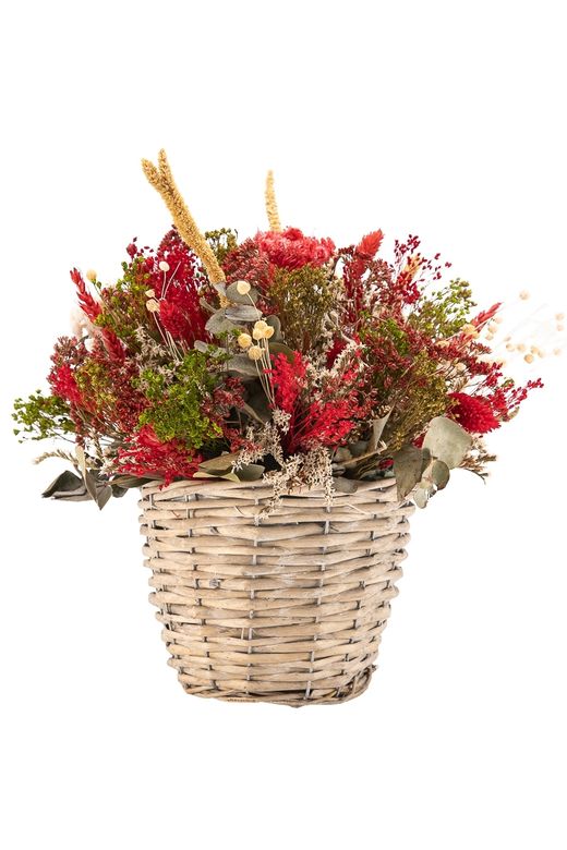 Elegante centro en tonos rojos, verdes y blancos