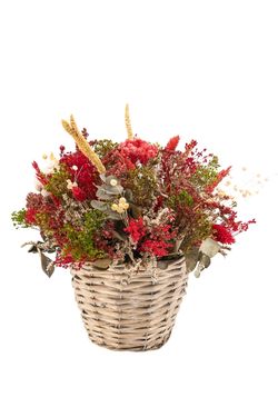 Elegante centro en tonos rojos, verdes y blancos