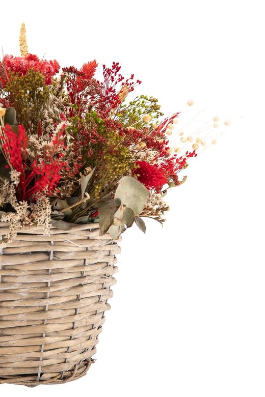 Elegante centro en tonos rojos, verdes y blancos