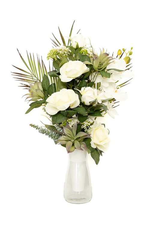 Elegante ramo de cementerio con orquídeas y rosas blancas