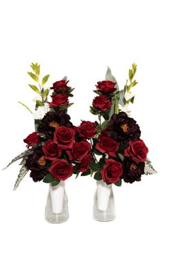 Elegante y clásico ramo de flores para cementerio con gladiolos y rosas rojas artificiales