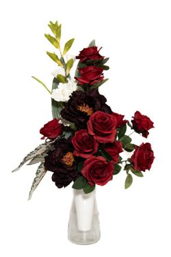 Elegante y clásico ramo de flores para cementerio con gladiolos y rosas rojas artificiales