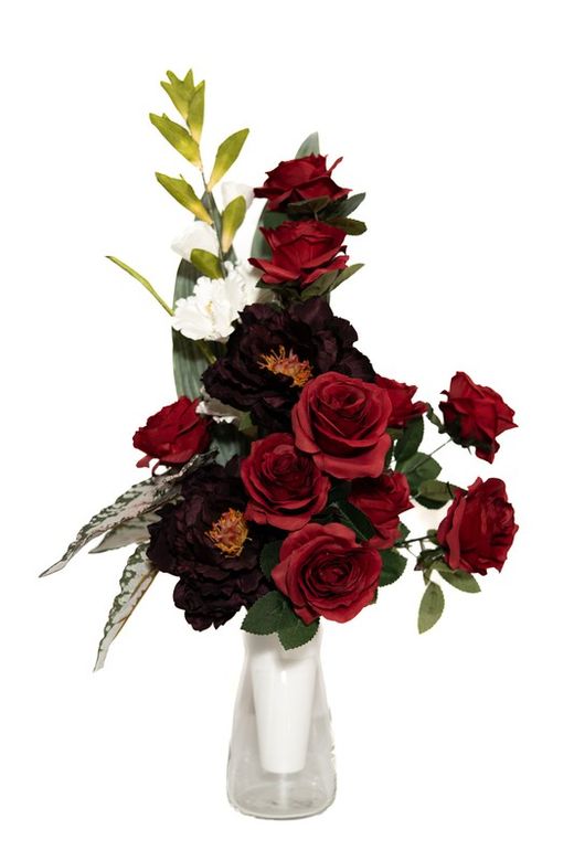 Elegante y clásico ramo de flores para cementerio con gladiolos y rosas rojas artificiales