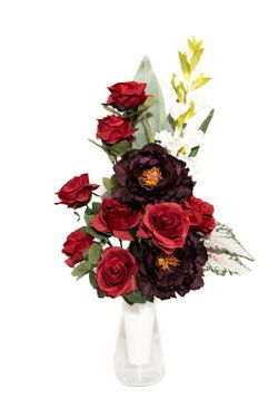 Elegante y clásico ramo de flores para cementerio con gladiolos y rosas rojas artificiales