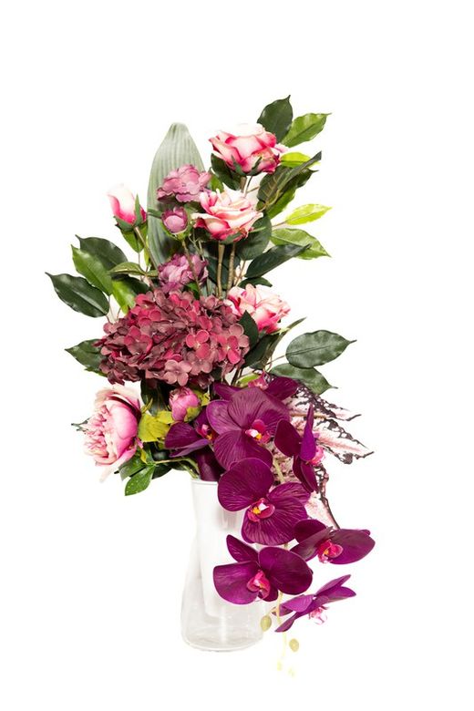 Elegante y sofisticado ramo de flores para cementerio con orquídeas artificiales en colo morado