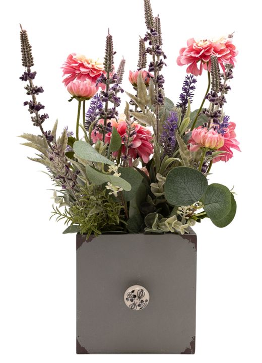 Encantador centro artificial con lavanda y zinnias rosas