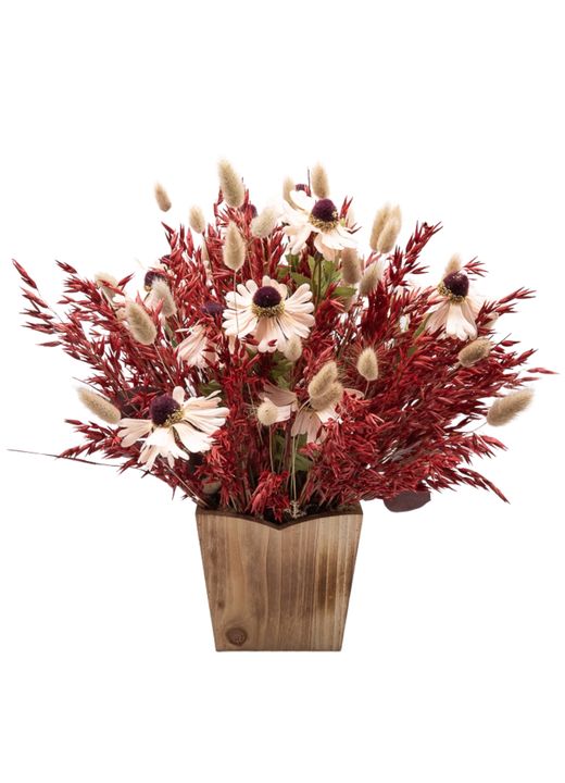 Encantador centro de flores artificiales y preservadas en tonos salmón y rojizos