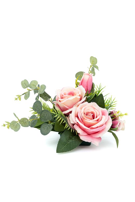 Encantador centro floral pequeño en rosas y fucsias