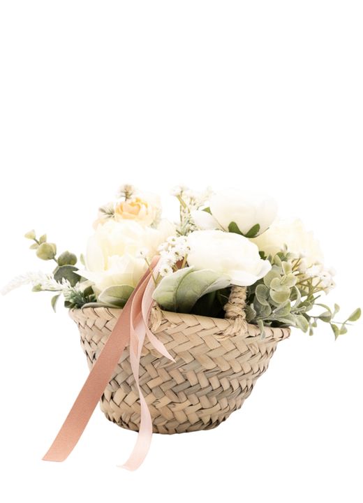 Encantador cesto de ponías blancas y salmón