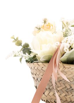 Encantador cesto de ponías blancas y salmón